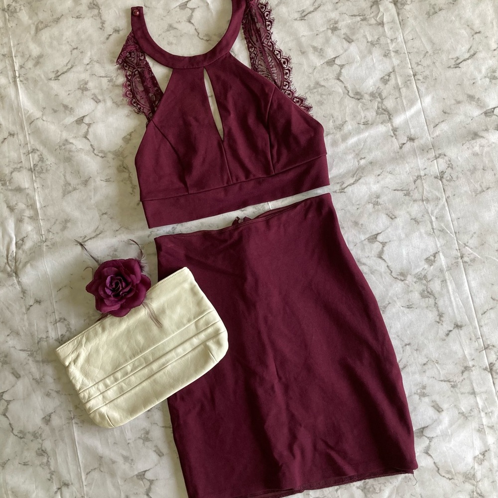 2 piece set skirt & crop top burgundy